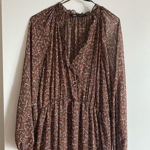 Shimmery Sheer Brown Midi Dress with Delicate Small Floral Pattern